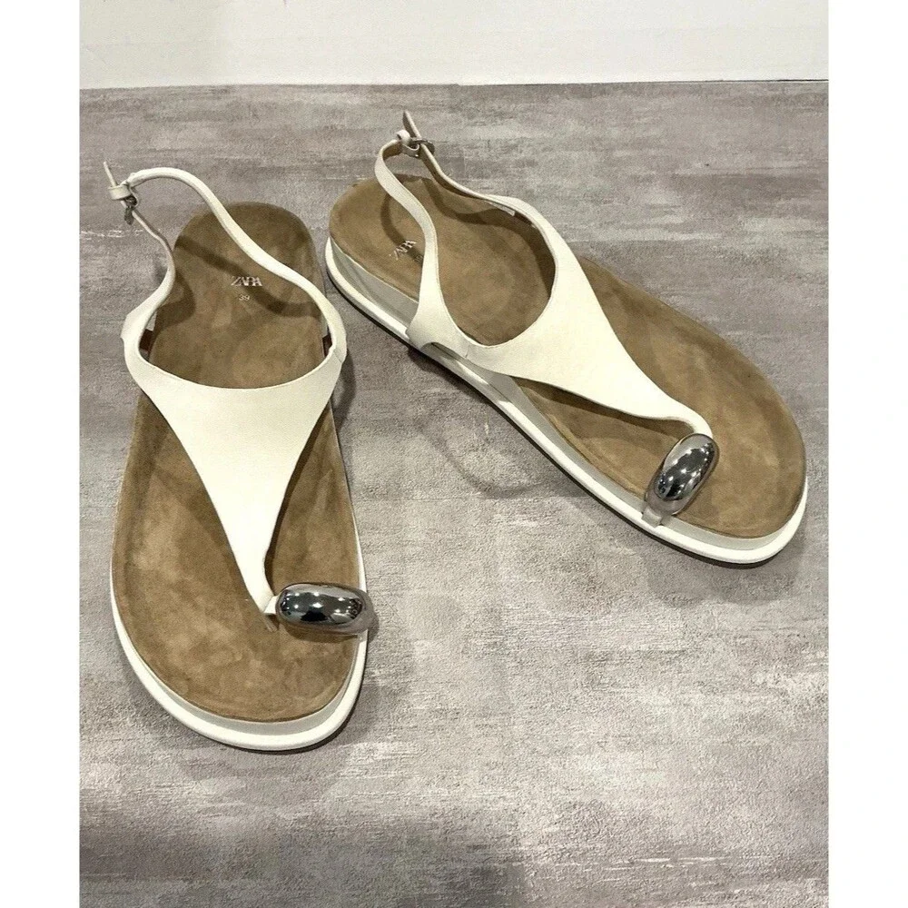 Zara Flat Leather Sandals with Metallic Bead - White EUR 39 US 8 - NWOT - Picture 10 of 16